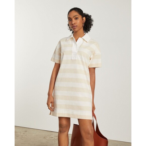 Everlane The Organic Cotton Polo Dress Short Sleeve Beige Striped Size S NWT